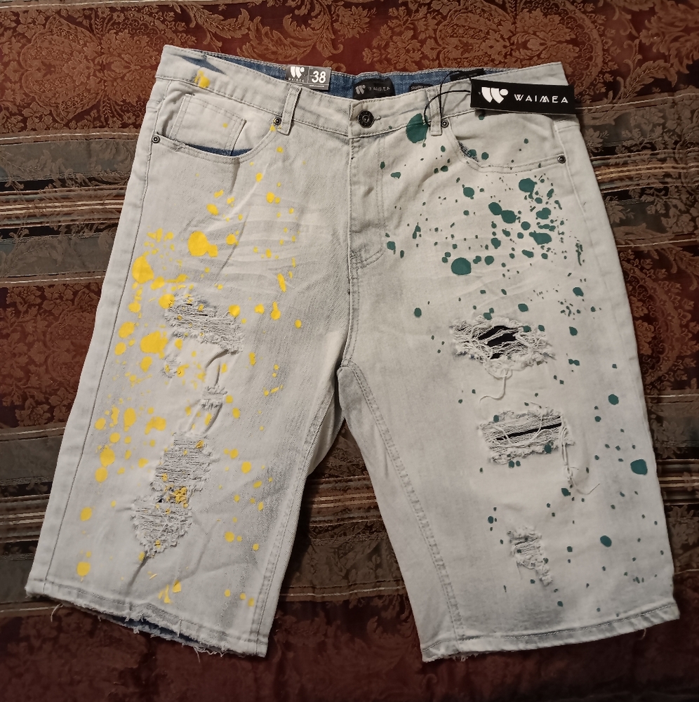 Waimea Jean Shorts Brand New Men's Size 38 Skinny Fit Paint Splatter/Distressed